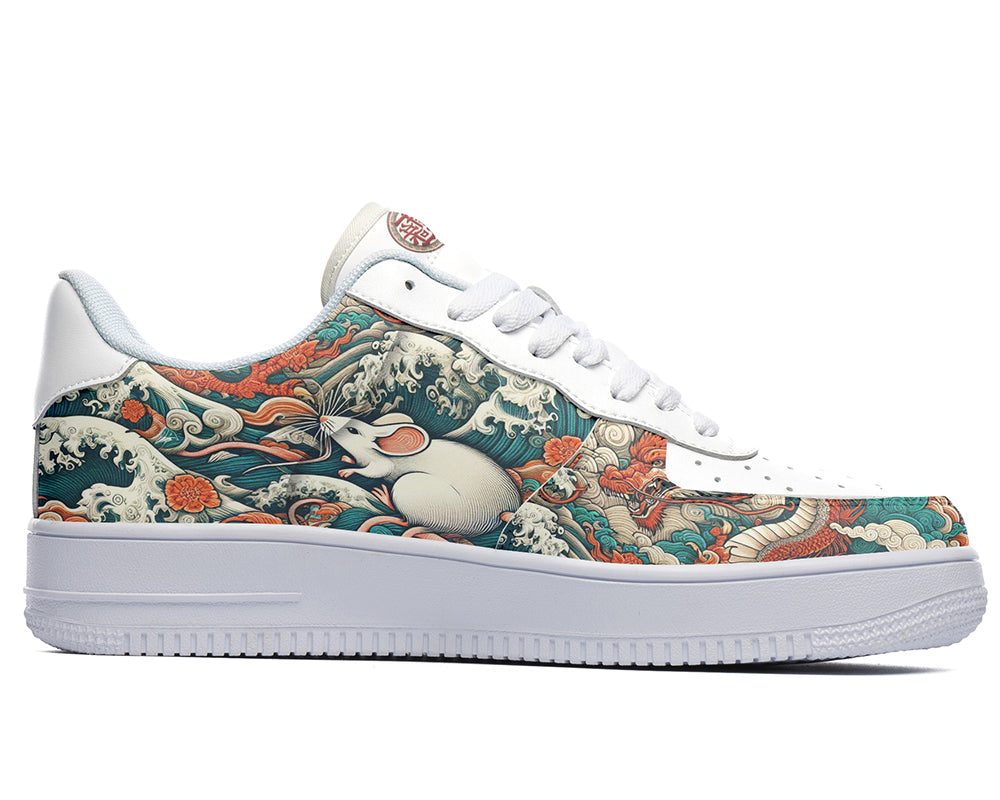 Court sneakers featuring a detailed rat illustration surrounded by ocean waves, clouds, and traditional Asian-inspired artwork in blue, teal, and orange tones.