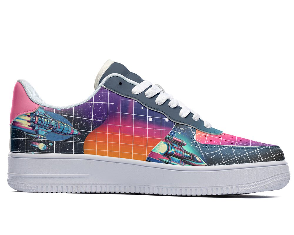 Retro sci-fi sneakers with synthwave space cruiser and wireframe grid graphics on a white court sole.