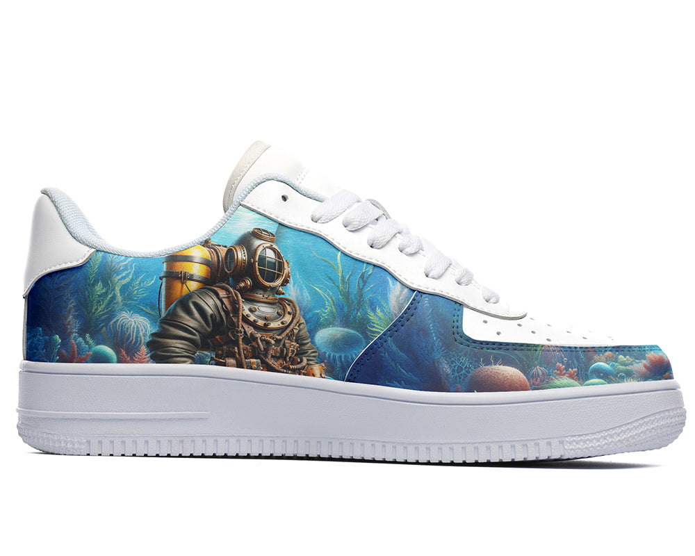 Court sneakers featuring a vintage scuba diver illustration exploring a colorful underwater coral reef and deep sea environment.