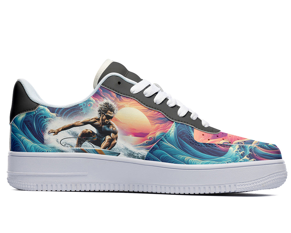 Court sneakers featuring a surfer riding ocean waves at sunset with colorful surf art and tropical coastal imagery.