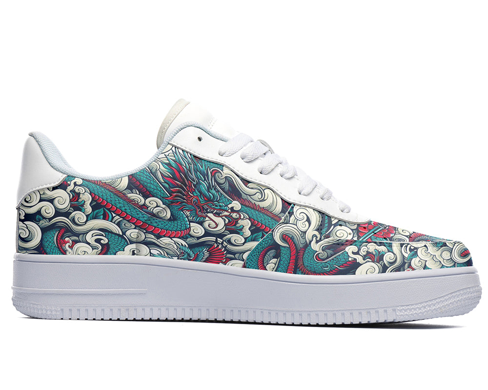 Dragon Court Sneakers featuring a detailed dragon illustration with swirling clouds and Asian-inspired art patterns.