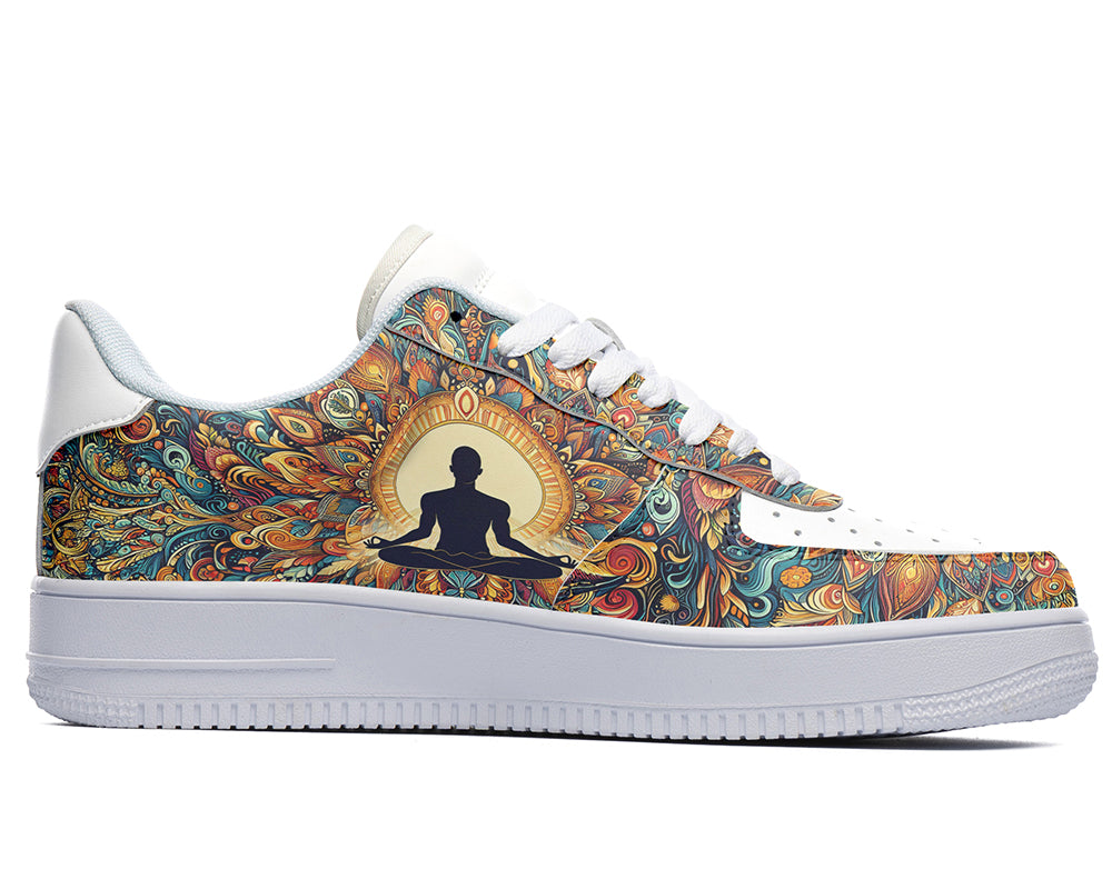 Court sneakers featuring a meditation silhouette surrounded by colorful mandala-inspired artwork and yoga-inspired design elements.