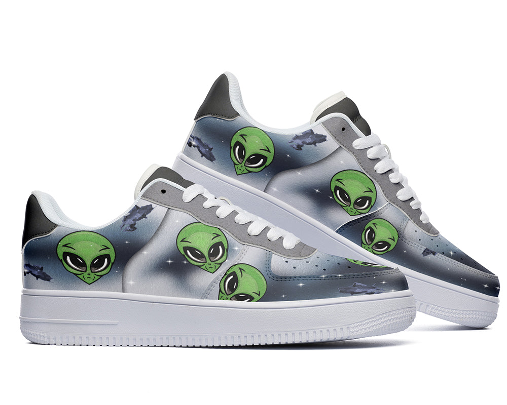 Alien Sneakers: Green Alien Pattern Court Sneakers
