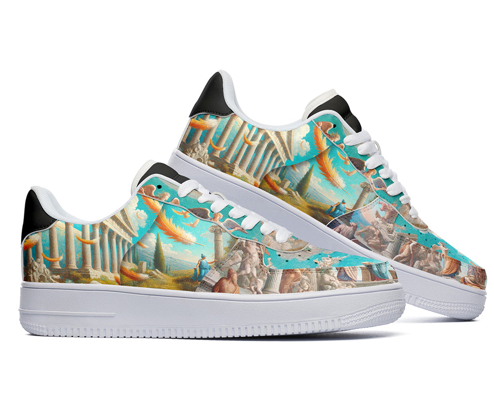 Ancient Greece court sneakers featuring classical civilization artwork with Greek architecture, statues, and mythology-inspired scenes.