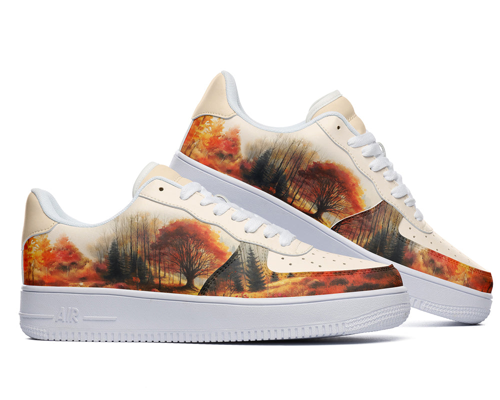 Custom Kiks White sneakers with a watercolor print of an autumn forest scene. 
