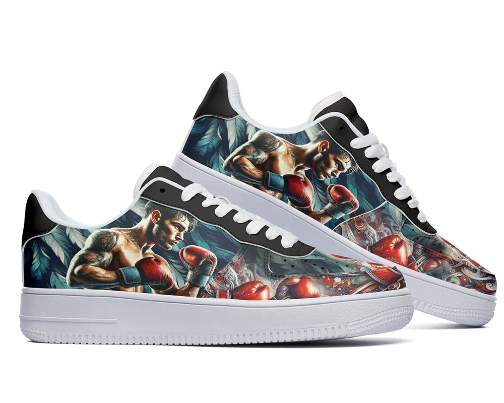 Court sneakers featuring a boxer illustration with red boxing gloves and boxing-inspired artwork.