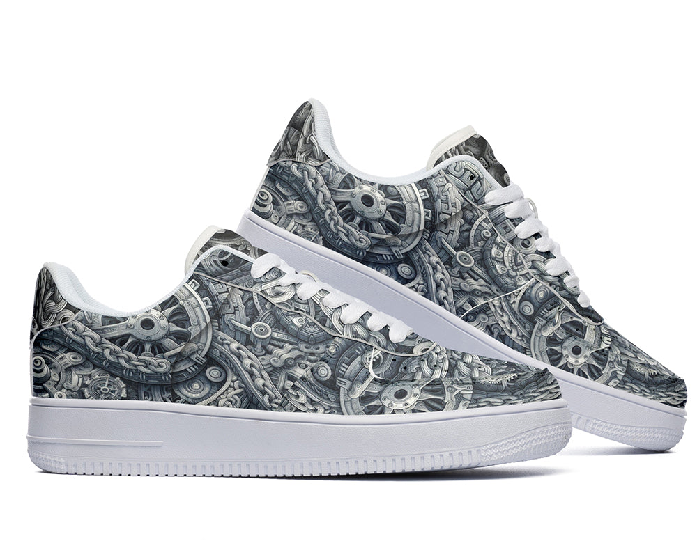 Gear Pattern Court Sneakers featuring intricate mechanical gears, industrial machinery artwork, and metallic steampunk-inspired design details in black, silver, and bronze tones.