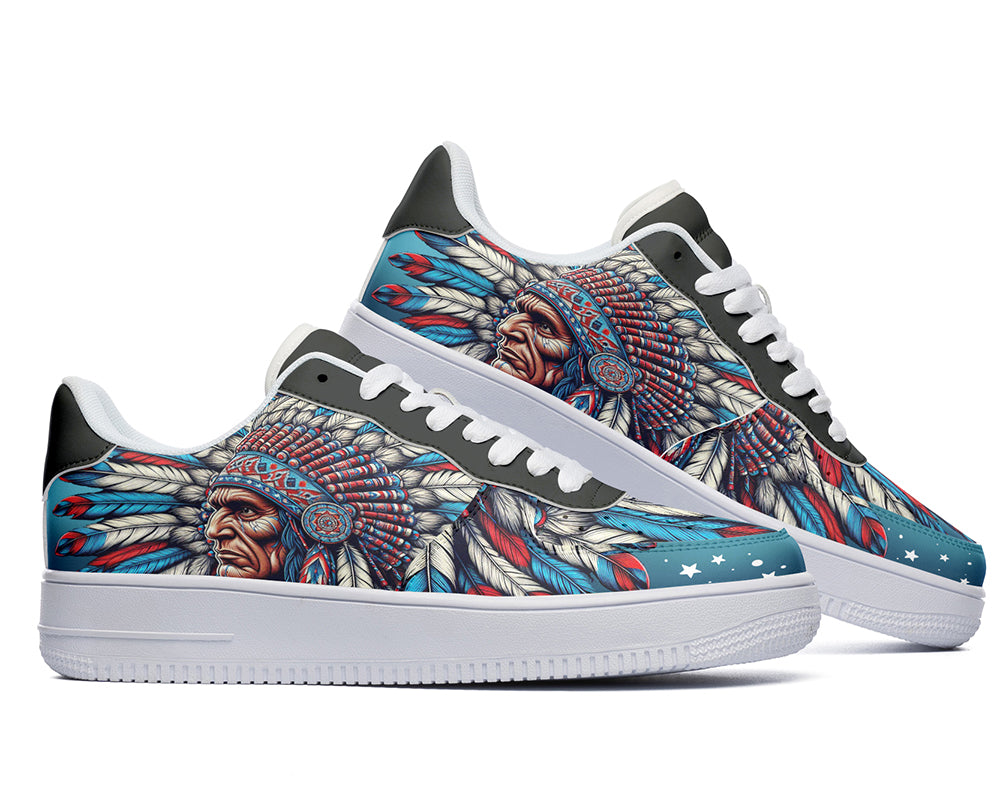 Native American inspired court sneakers featuring tribal heritage artwork with a colorful feather headdress illustration and cultural art details.