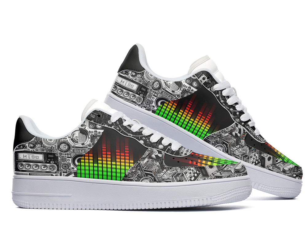 Court sneakers featuring an audio equalizer pattern with vintage music equipment, speakers, and sound system artwork in black, white, red, yellow, and green tones.
