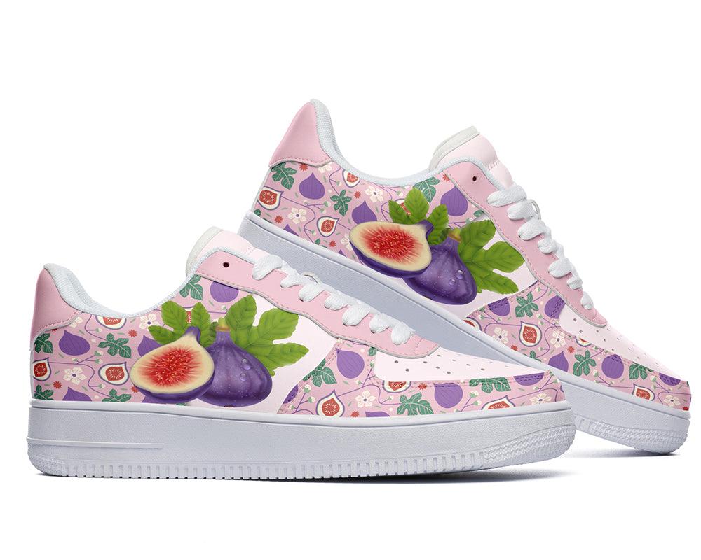 Custom Kiks Pink & Deep Purple sneakers with fig design on a white background