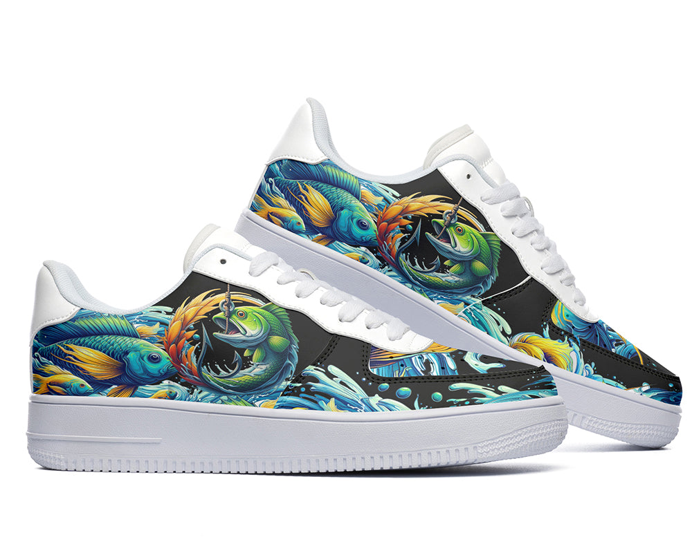 Court sneakers featuring colorful sport fishing artwork with detailed fish illustrations, fishing hook design, and ocean wave graphics.