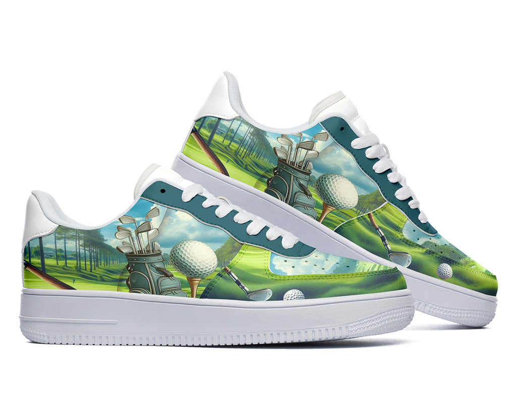 Court sneakers featuring a golf course illustration with golf clubs, golf balls, and fairway-inspired artwork.