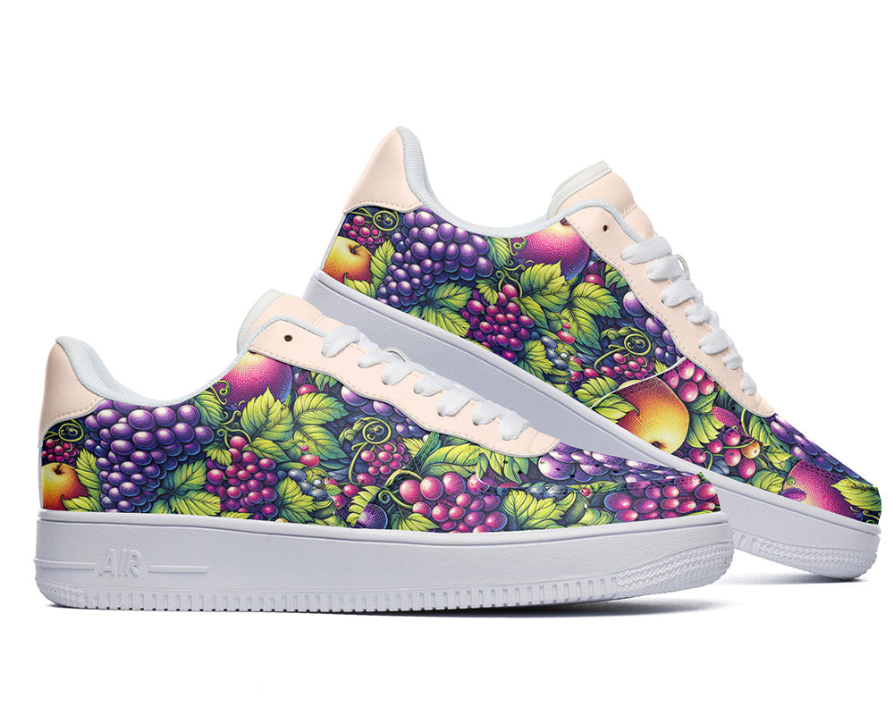 Custom Kiks sneakers with a grape print design on a white background and pink sole.
