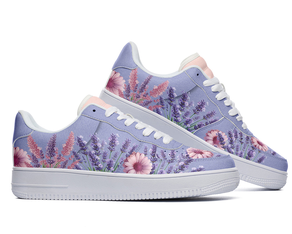 Lavender Sneakers: Lavender Flower Pattern Court Sneakers