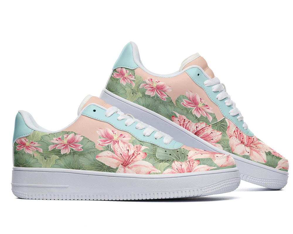 Lotus Sneakers: Lotus Flower Pattern Court Sneakers