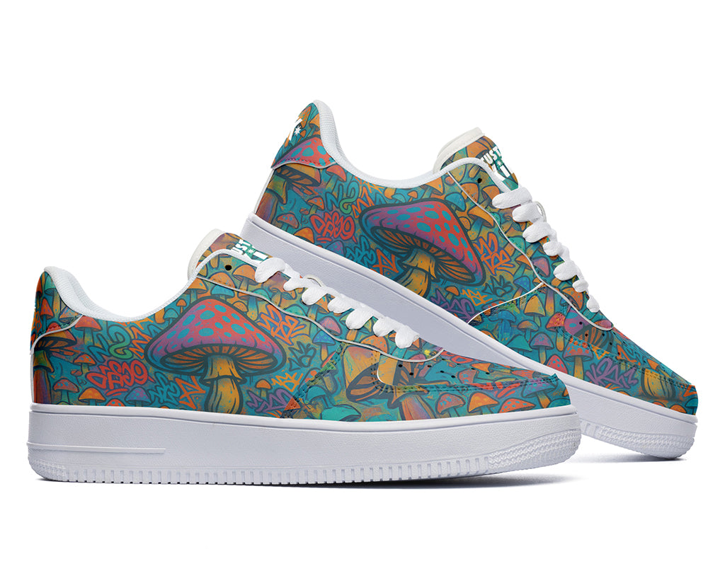 Custom Kiks Woodland Mushroom Sneakers, eye-poppling patterned sneaker on a white sole