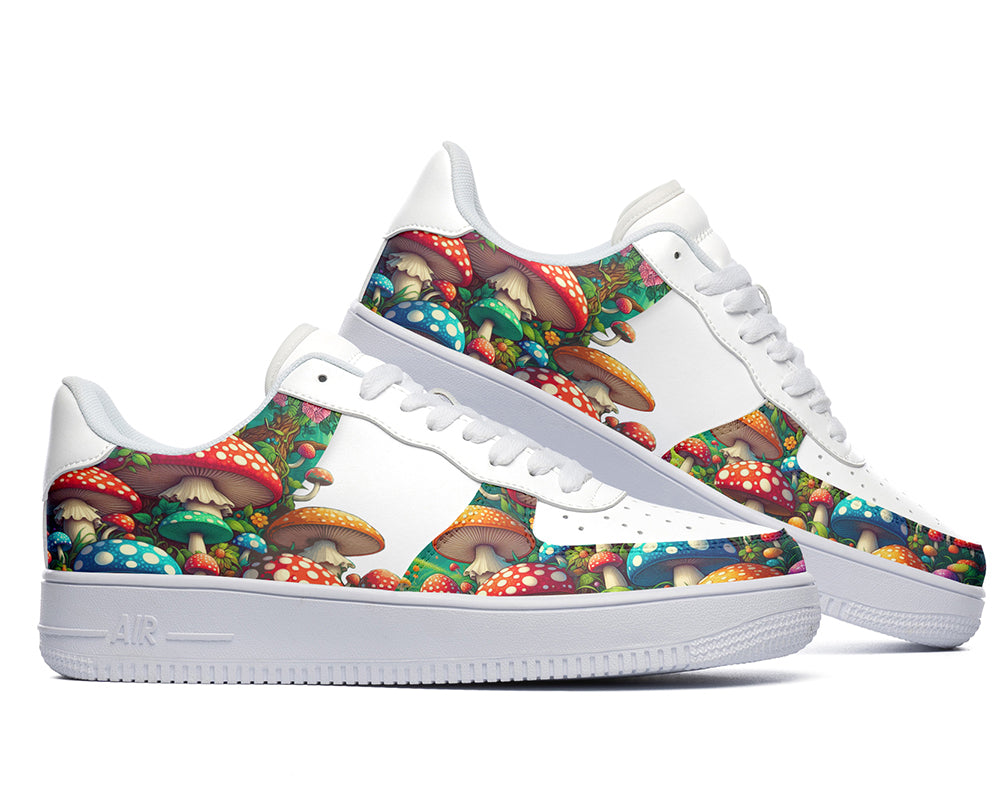 Custom Kicks white sneakers with a colorful wild mushroom design.