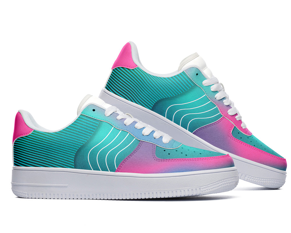 Teal Pink Gradient Sneakers: Abstract Wave Graphic Court Sneakers