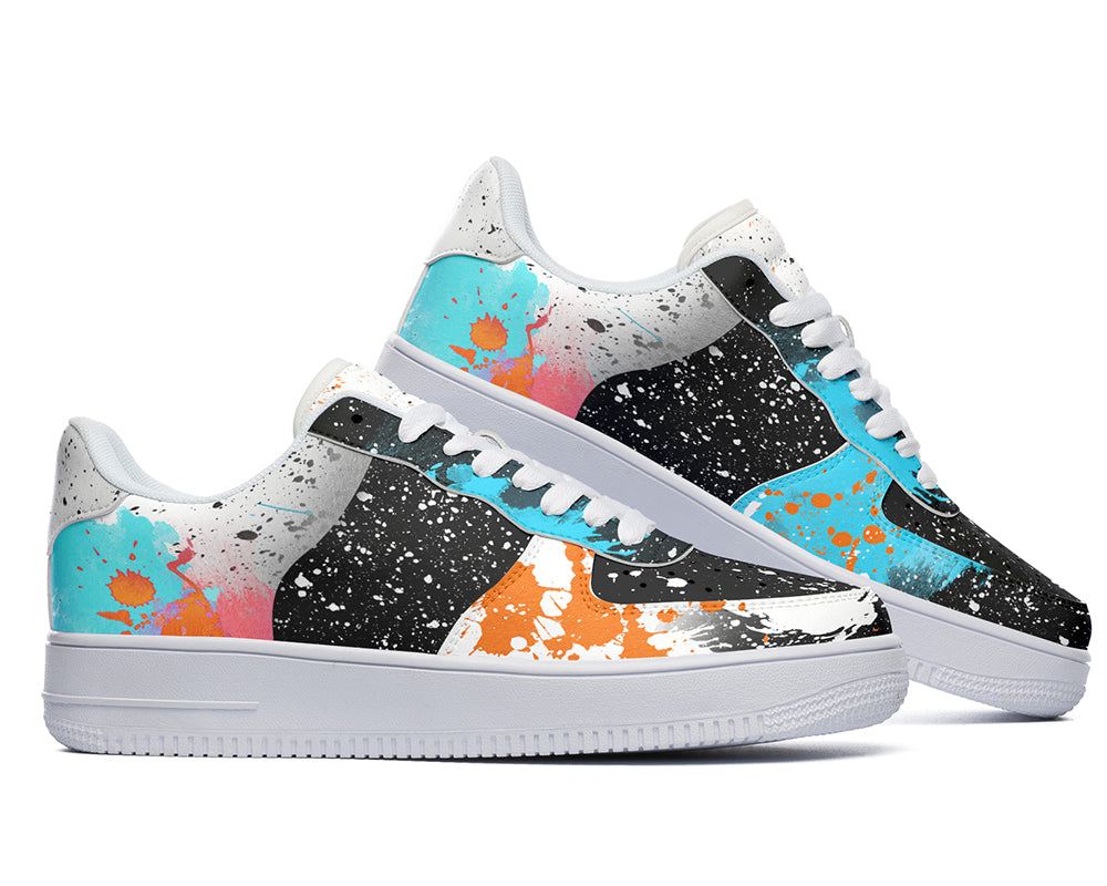 Court sneakers featuring an abstract paint splatter design with black, white, orange, and blue paint splash artwork.