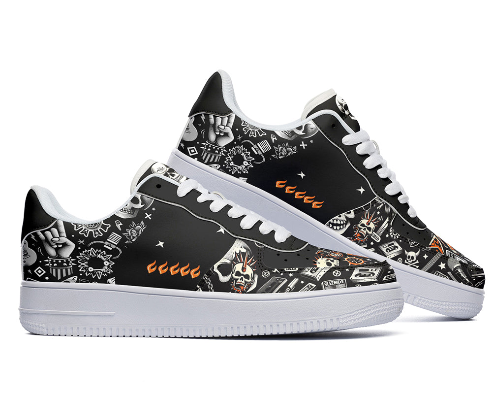 Black and white sneaker with music, skull and flames titled Punk Rock Court Sneakers 