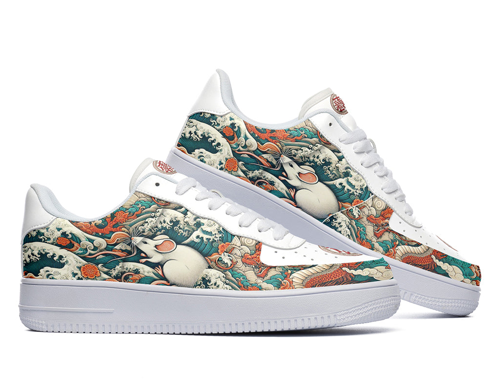 Court sneakers featuring a detailed rat illustration surrounded by ocean waves, clouds, and traditional Asian-inspired artwork in blue, teal, and orange tones.
