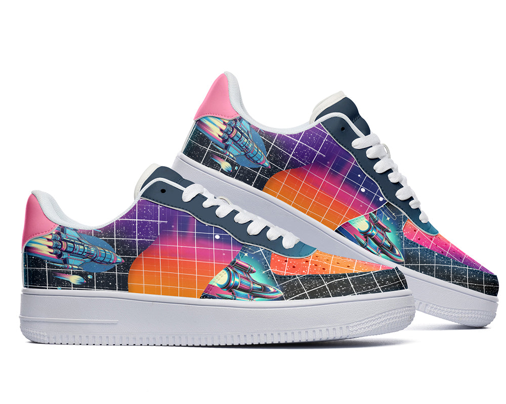 Retro sci-fi sneakers with synthwave space cruiser and wireframe grid graphics on a white court sole.