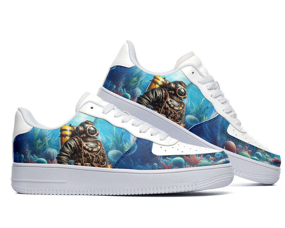 Court sneakers featuring a vintage scuba diver illustration exploring a colorful underwater coral reef and deep sea environment.