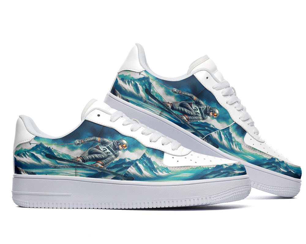 Skiing Sneakers: Skier Mountain Scene Court Sneakers