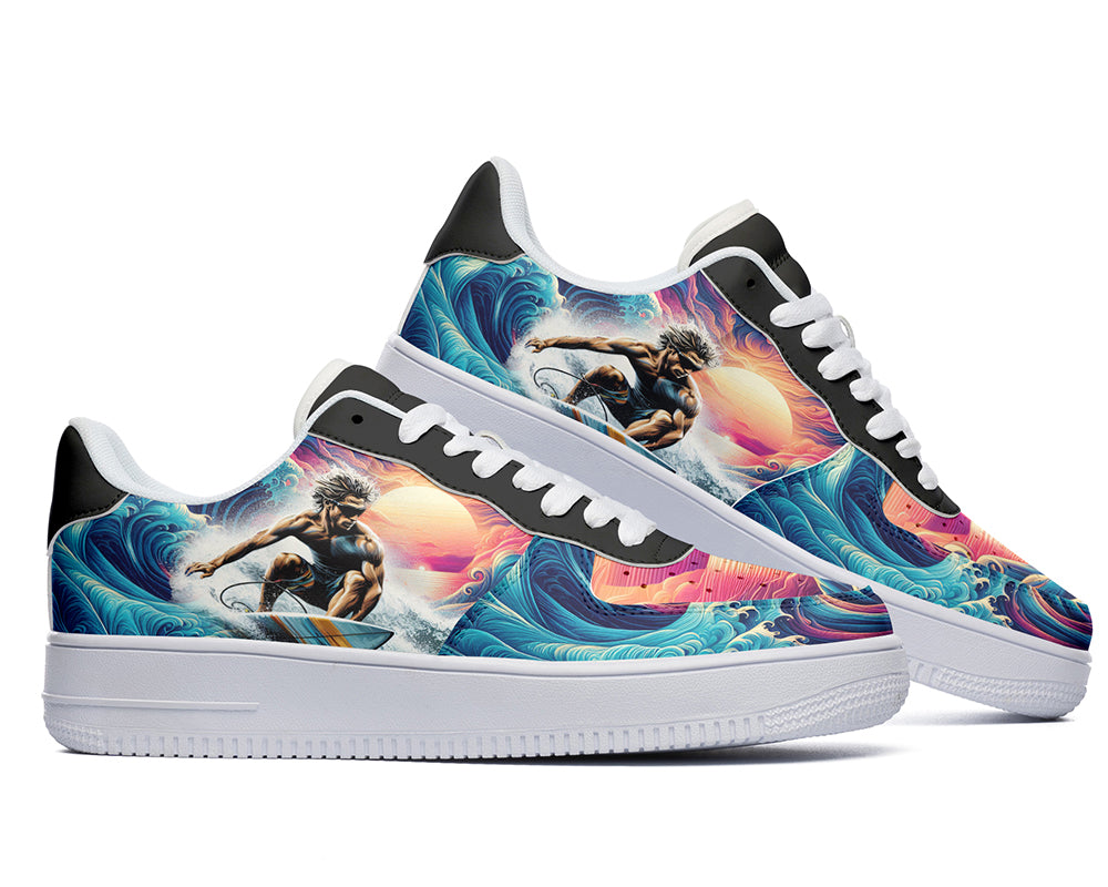Court sneakers featuring a surfer riding ocean waves at sunset with colorful surf art and tropical coastal imagery.