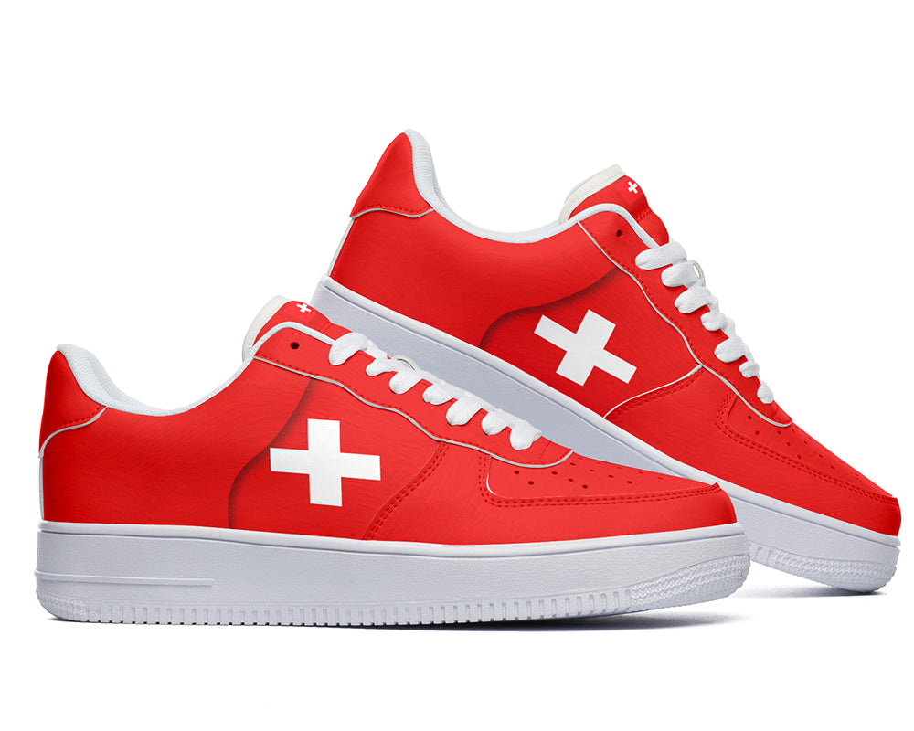 Swiss Flag Sneakers: Swiss Flag Pattern Court Sneakers