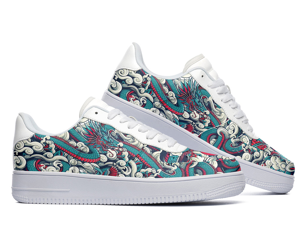 Dragon Court Sneakers featuring a detailed dragon illustration with swirling clouds and Asian-inspired art patterns.