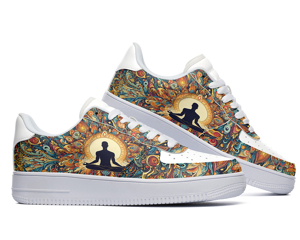 Court sneakers featuring a meditation silhouette surrounded by colorful mandala-inspired artwork and yoga-inspired design elements.