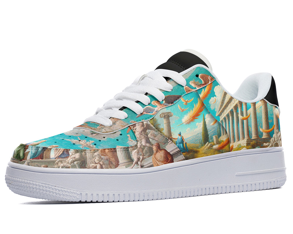 Ancient Greece court sneakers featuring classical civilization artwork with Greek architecture, statues, and mythology-inspired scenes.