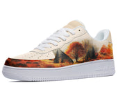 White sneakers with a watercolor print of an autumn forest scene. 