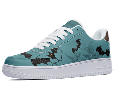 Black bats flying over a dark blue and gray tree silhouette Sneakers