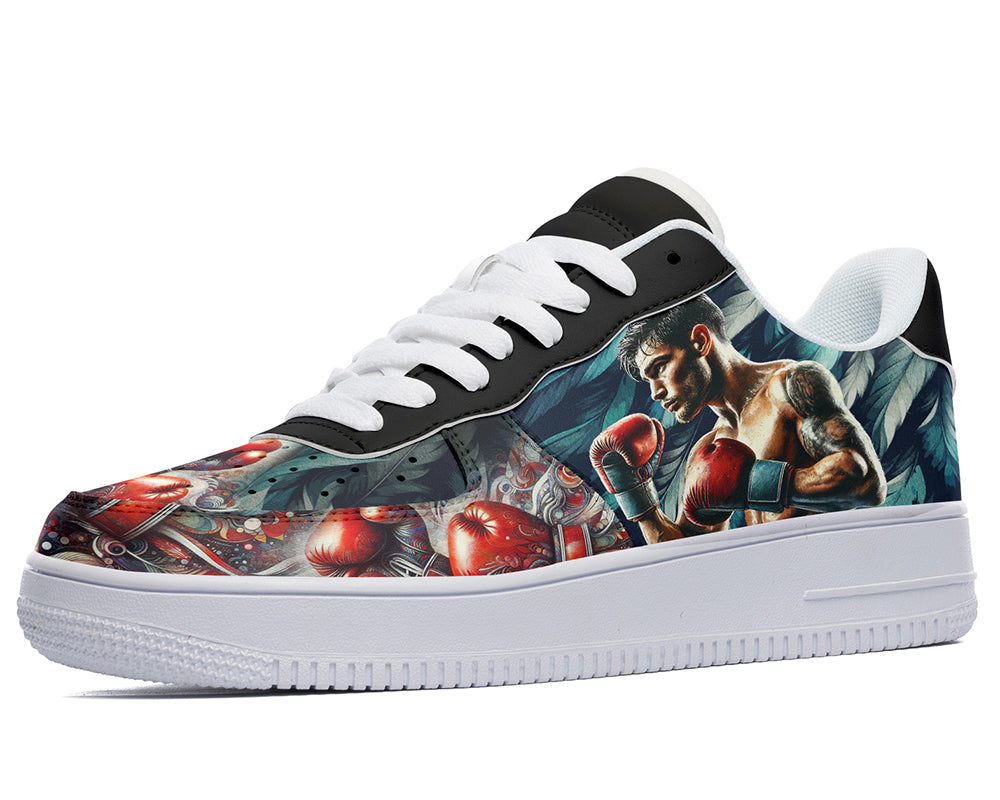 Court sneakers featuring a boxer illustration with red boxing gloves and boxing-inspired artwork.