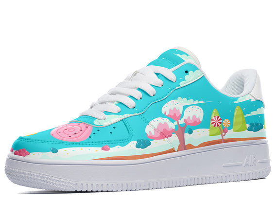 A sky blue sneaker with a white sole, white laces, and a colorful design of candy, trees, and clouds.