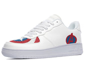 A white sneaker with a red, white, and blue design on the toe and a blue and white logo on the heel.