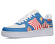 A white, blue, and red sneaker with a circus theme. The upper is white with a red and white striped pattern around the toe and a blue heel. The midsole is white, and the outsole is blue. The laces are white. The most prominent design feature is the circus-themed illustrations on the side of the shoe, which include a red and white striped big top tent, a hot air balloon, a Ferris wheel, and a clown.