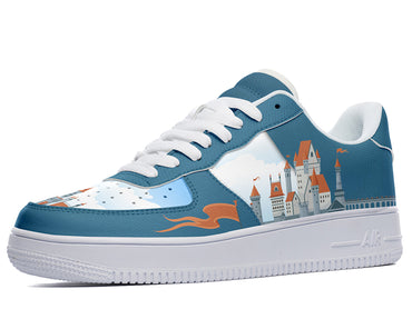 A blue sneaker with a white sole and white laces. The sneaker has a design of a castle on the side.