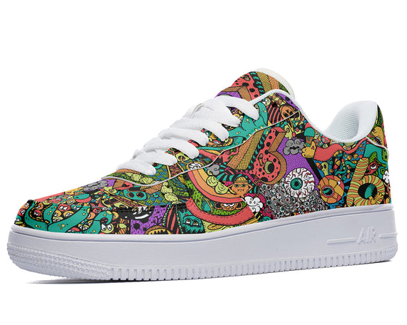 A colorful pair of shoes with a design of monsters, eyeballs, and other abstract shapes.