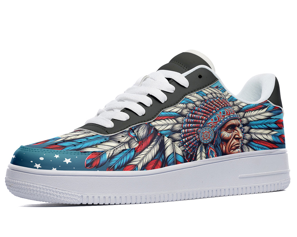 Native American inspired court sneakers featuring tribal heritage artwork with a colorful feather headdress illustration and cultural art details.
