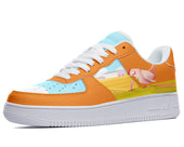 A side view of a sneaker with a white sole, orange upper, and blue swoosh. The sneaker has a design of a chicken pecking at a worm on the side.