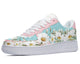 A close-up of a sneaker with a floral pattern. The sneaker is mostly light blue with white and light pink accents. White daisies with yellow centers are scattered across the shoe.