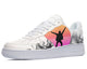 White sneakers with a black silhouette of a person with arms raised dancing