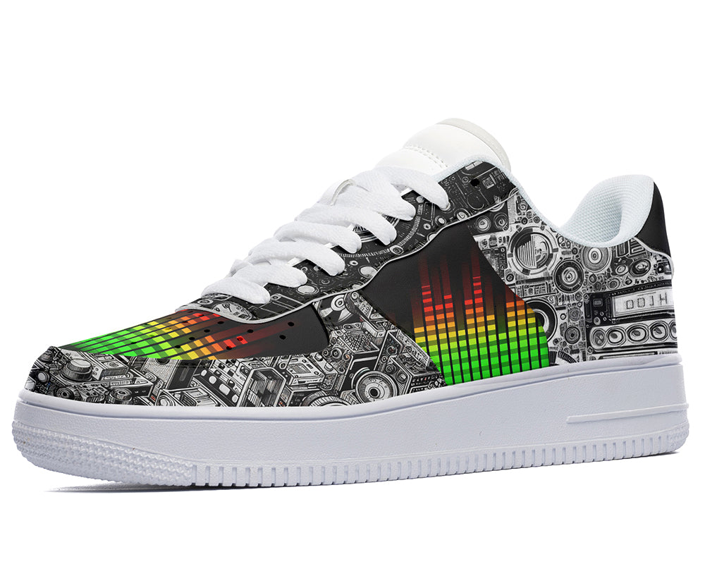 Court sneakers featuring an audio equalizer pattern with vintage music equipment, speakers, and sound system artwork in black, white, red, yellow, and green tones.