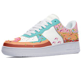 White sneakers with a donut and sprinkles design.  
