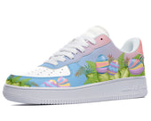 A white sneaker with a colorful design on the sides. The design features Easter eggs, leaves, and ferns in shades of pink, blue, purple, and green.