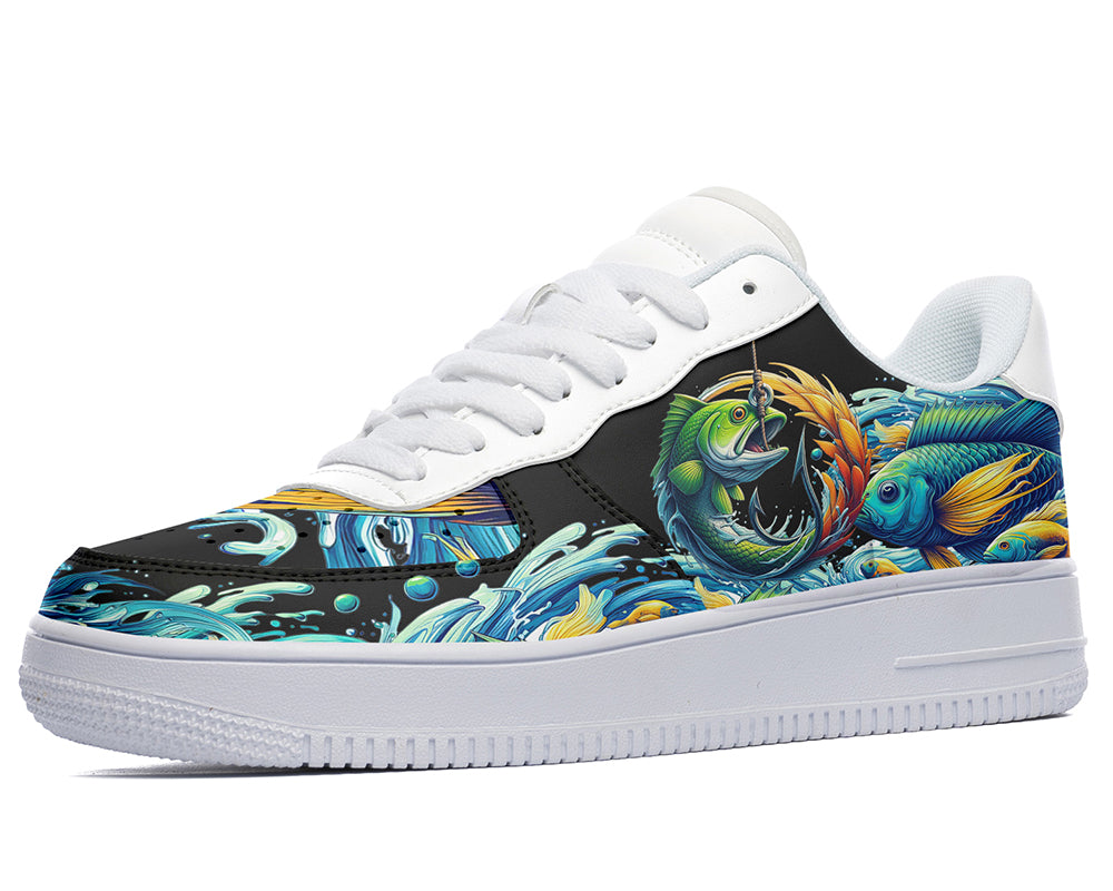 Court sneakers featuring colorful sport fishing artwork with detailed fish illustrations, fishing hook design, and ocean wave graphics.