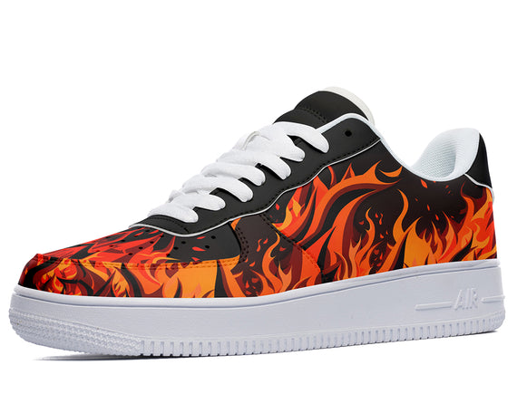 A black sneaker with a flame design on the sides. The sneaker has white laces and a white sole.